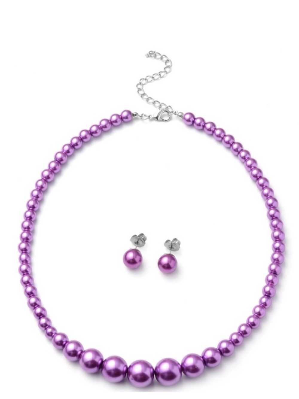 Purple Glass Pearl Necklace with Matching Stud Earrings